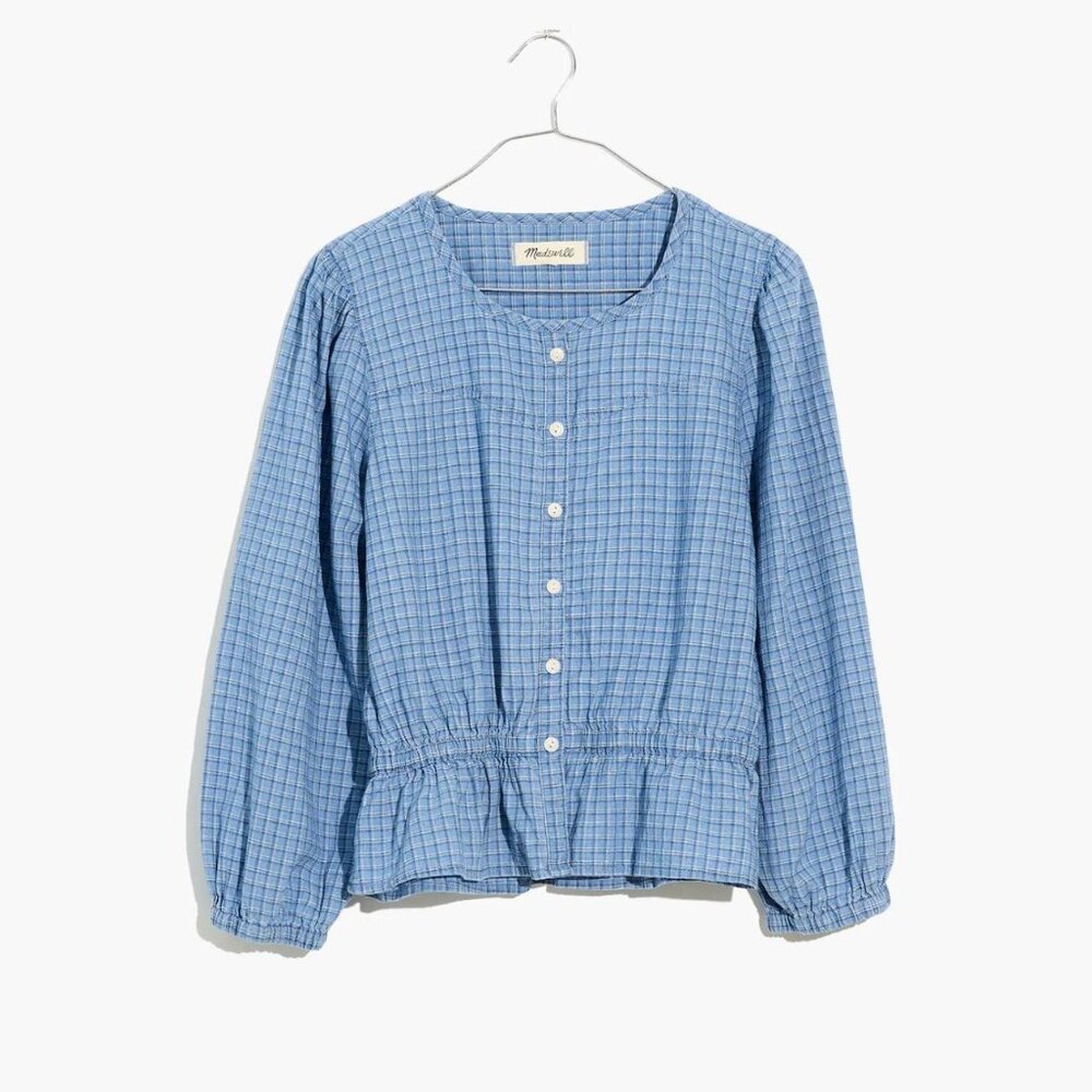 Madewell Chambray Puff-Sleeve Peplum Top in Windowpane size xsmall‎